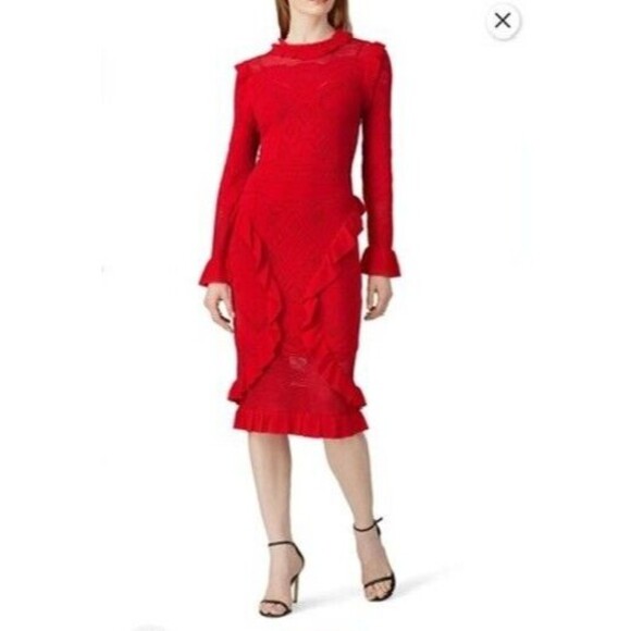 ALEXIS Sivan Open Knit Ruffle Midi Sheath Dress XS RED - Picture 1 of 16
